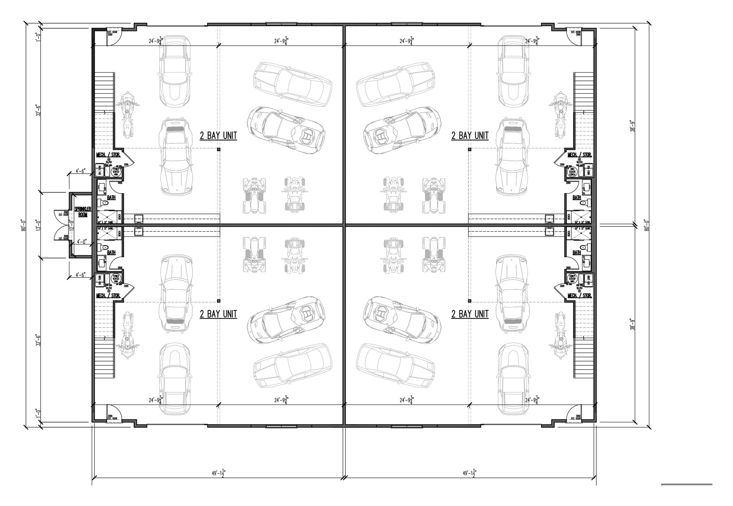 Floor plan of four 2-bay units, shown with optional mezzanine stairs and baths